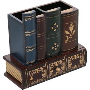 MyGift Decorative Desk Organizer Caddy, Pencil and Pen Holder with Bottom Storage Drawer and Antique Library Books Design