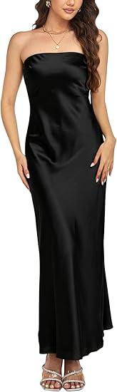 Yulaviniee Women's Summer 2026 Strapless Stain Tube Maxi Dress Wedding Guest Cocktail Party Long Dresses Black, Medium