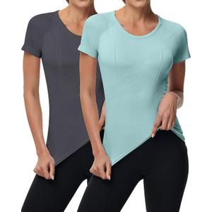 Syhood 2 Pieces Women Long Sleeve Workout Shirt Seamless Workout Shirts with Thumb Holes Fitted Top Sports Yoga Athletic Top(X-Large,Short Sleeve Mint, Dark Grey)