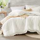 Fluffy Ruffle Shabby Chic Comforter Set, King/Cal King Ivory White, Washed Microfiber Bedding with Farmhouse Design for Cozy All-Season Sleep, 3 PCS