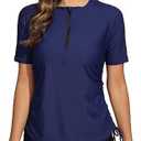 Halcurt Women's Half Zip Short Sleeve Rash Guard Swimsuit Top Ruched Swim Shirt UPF50+ Quick Dry Bathing Suit, L