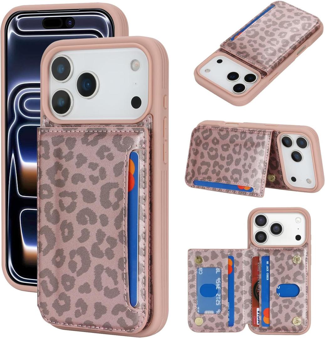 iCoverCase Compatible with iPhone 17 Pro Wallet Phone Case with Card Holder for Women Men, [RFID Blocking] Card Slots PU Leather Protective Wallet Case 6.3 Inch (Rose Gold Leopard)