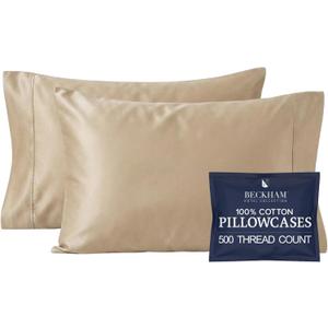 Beckham Hotel Collection Pillowcases King Size Set of 2, Cool Touch Cotton Sateen Fabric, 500TC, Silky Smooth & Soft, Open End, Sand