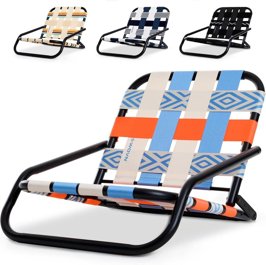 WOVN Low Beach Chairs - Premium Folding Beach Chair for Adults - Low Profile, Super Lightweight with Portable Shoulder Strap - Great for Sand and Lawn - Baja