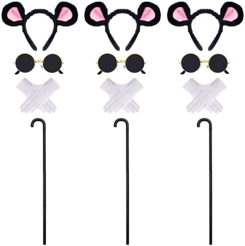 12 Pcs Mouse Costume Accessories Set Mouse Ears Headband Sunglasses Blind Cane White Gloves for Halloween Adult Women Costume