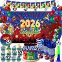 142 Pcs Party Decorations Set, Soccer Theme Party Supplies Includes Background Cloth, Plates, Napkins, Horns, Straws, Hanging Swirls, Balloons, Cake Topper for Sports Birthday Party, Soccer Decor