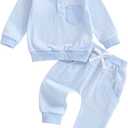 FOCUSNORM Toddler Baby Boy Clothes Plaid Long Sleeve Sweatshirt Pullover Tops + Joggers Pants Infant Boy Fall Winter Outfits (12-18 Months, Cute Blue)