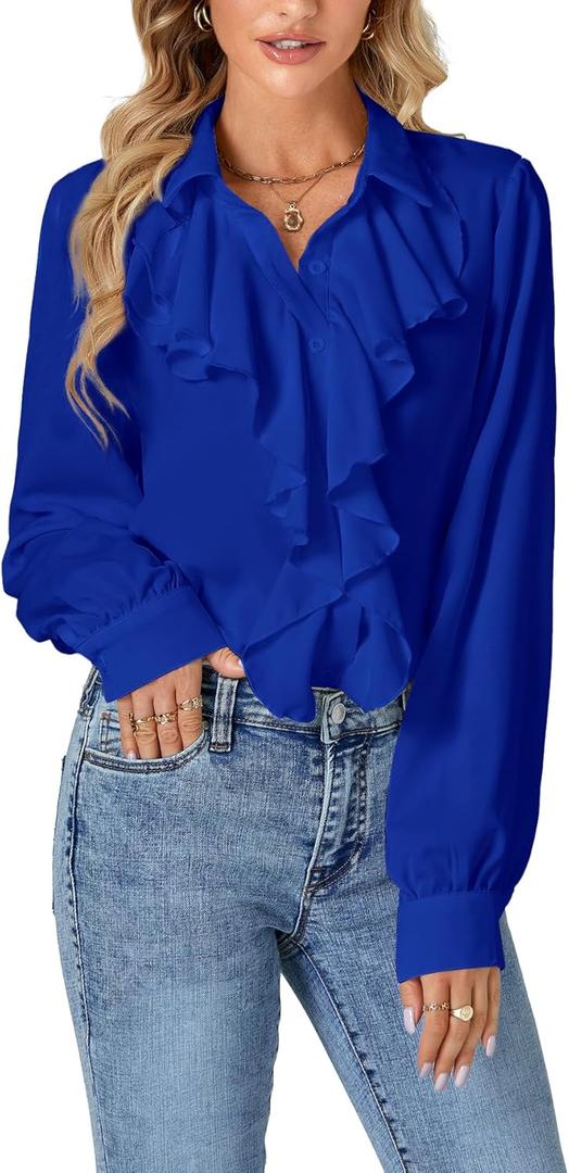 LYANER Women's Dressy Ruffle Blouse Long Sleeve Collar Neck Button Down Victorian Shirt Tops (Large, Royal Blue)