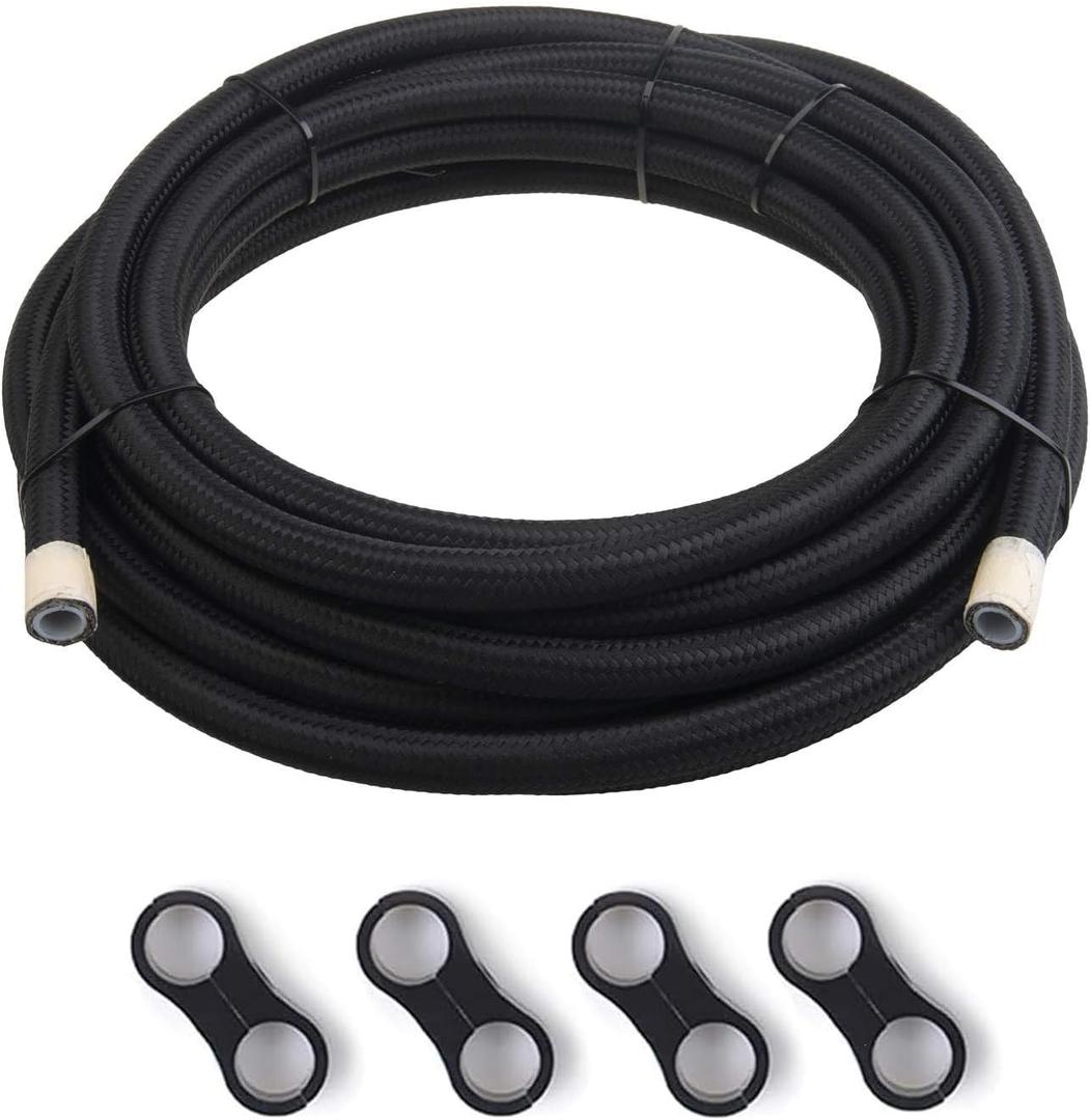 6AN PTFE E85 Fuel Line Hose Braided Nylon Stainless Steel Oil Gas Hose 10FT with 4PCS Hose separator clamp Black(5/16 Inch ID) (AN6)