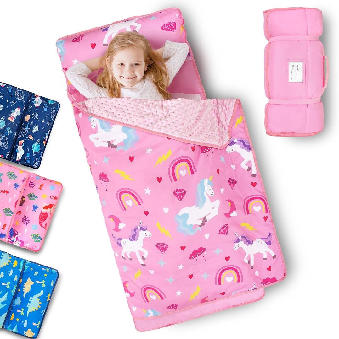 Primlect Toddler Nap Mat with Removable Pillow and Fleece Blanket, Extra Large 55''x35'' Sleeping Bag, Washable, Light, Easy to Roll up, Perfect for Daycare, Preschool, Kindergarten, Travel (Pink Unicorn)