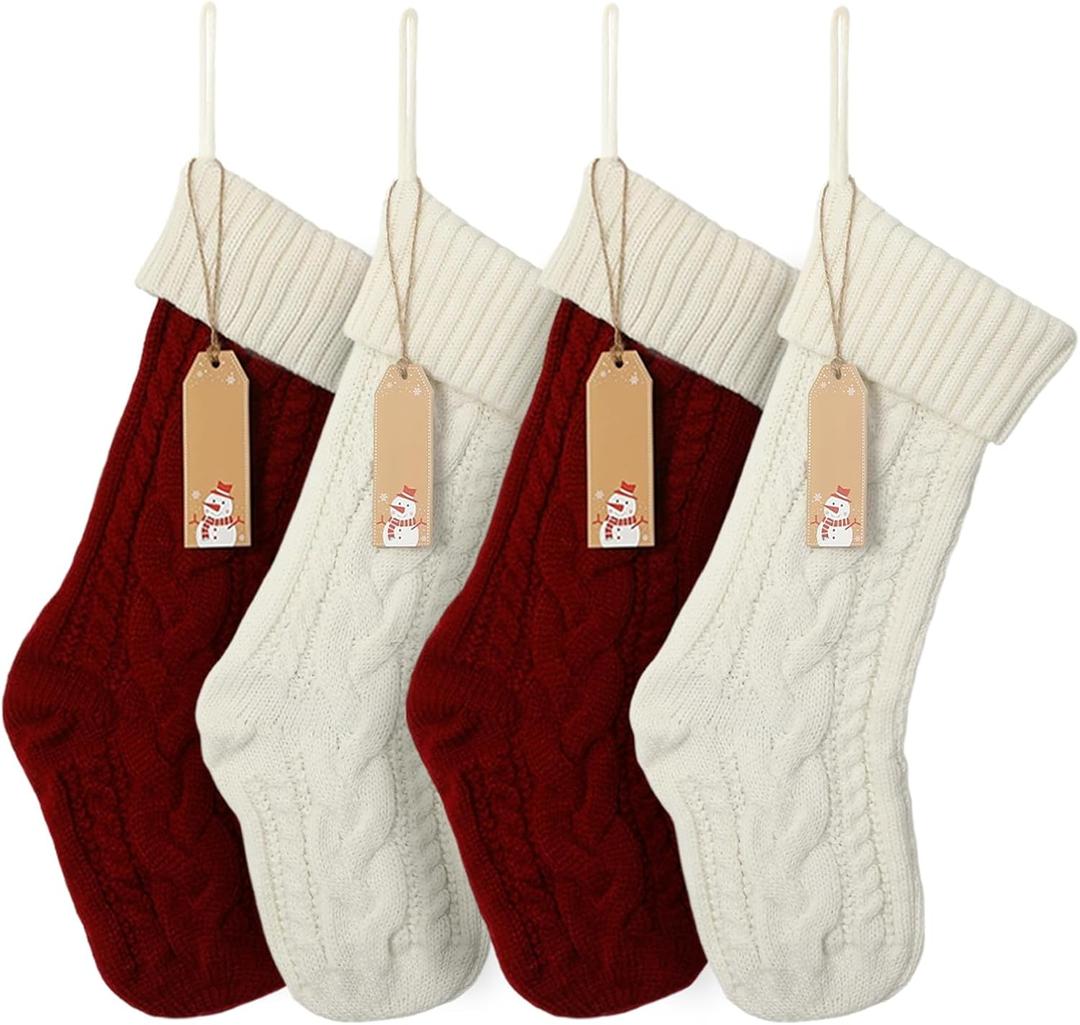 Personalized Christmas Stockings with Name Tags 22 Inch Extra Large Knit Stockings, Set of 4 Family Xmas Stockings for Fireplace Mantel, Custom Embroidered Stockings for Adults, Red White Multicolor