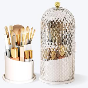 Makeup Brush Holder with Lid, 360 Rotating Multifunction Clear Dustproof Skincare Cosmetic Tools Storage Organizer for Vanity Desktop Bathroom Countertop (White)
