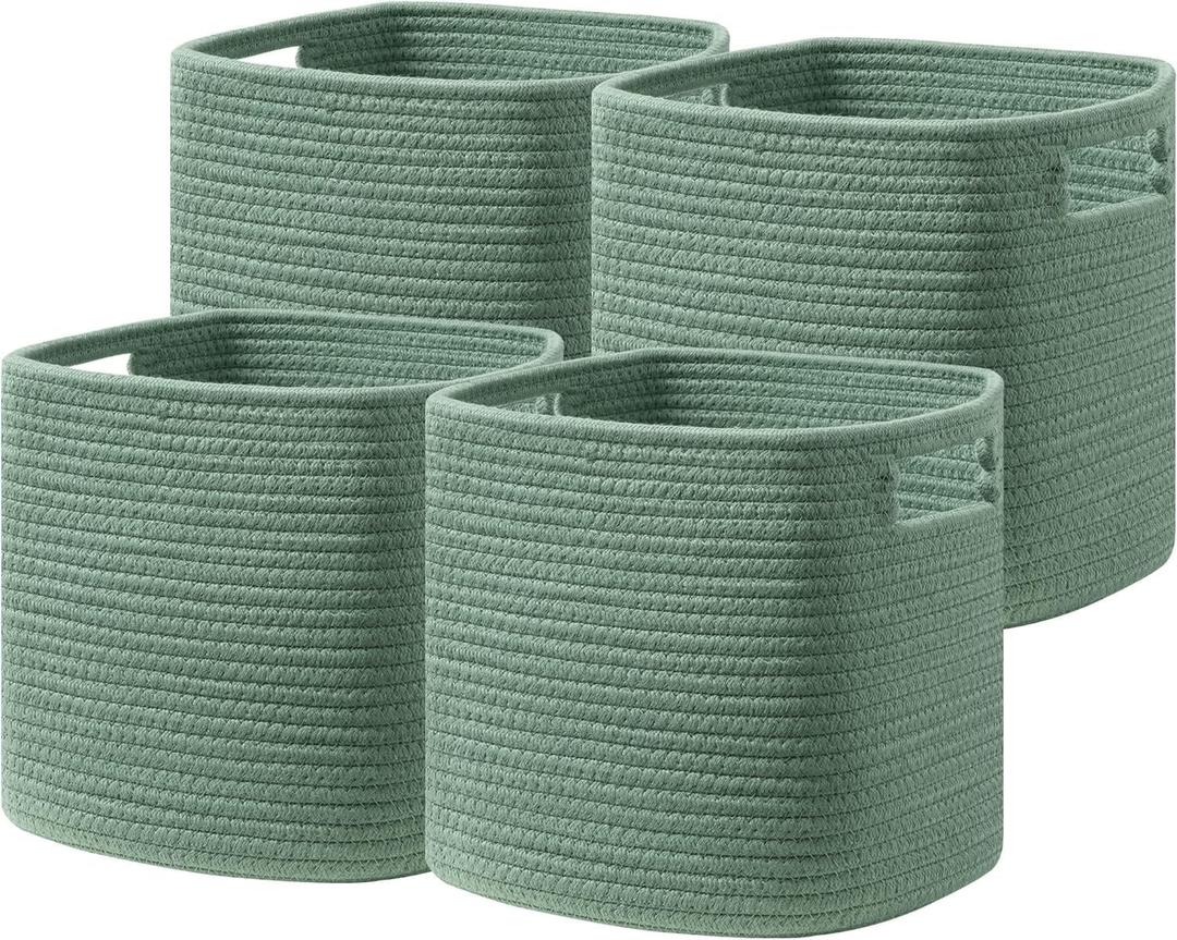 Dreamcountry 13x13 Cube Storage Bins, Storage Cubes with Handles, 4 Pack Cotton Rope Basket for Shelves, Cube Storage Organizer forToys, Book, Clothes, Home, Office, Nursery, Green