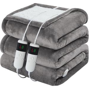 Electric Heated Blanket Queen Size 84''x90'' Soft Flannel & Sherpa Electric Blanket with 10 Heating Levels, Automatically Shut Down After 8h with Overheat Protection Machine Washable (Light Gray)