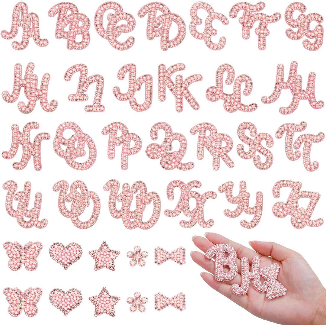 62Pcs Self Adhesive Pearl Letter Patches (A-Z) Star Butterfly Heart Bowknot Flower Glitter Pearl Letter Patches Rhinestone Applique for DIY Clothes, Bags, Shoes Pink