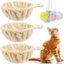 Dansydaisy 3 Pack 14.6" Large Cat Tree Hammock Basket Bed Lounger Tower Replacement Parts with 6 Pcs Hanging Elastic Strings Pom Pom Toys, Cat Tree Accessories Hammock Attachment (Beige)