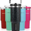 DLOCCOLD 40oz Flip Straw Tumbler with Handle, Insulated Stainless Steel LeakProof Water Bottle, Reusable Tumbler Fits Cup Holders (Black Leopard)