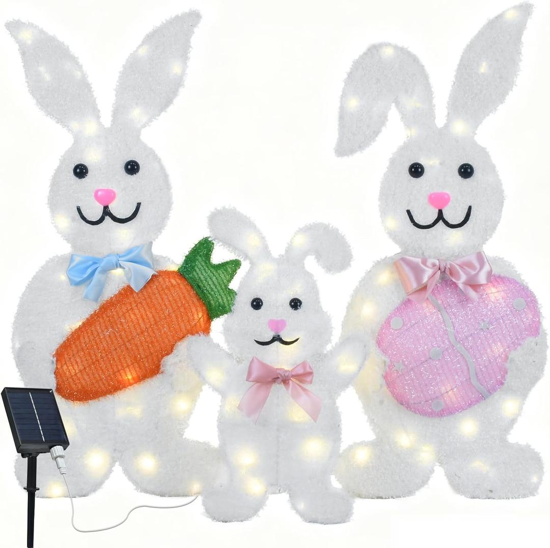 Outdoor Solar Easter Bunny Yard Decorations, Lighted Metal Bunny Family Set of 3, Pre-Lit LEDs for Lawn Garden Front Porch