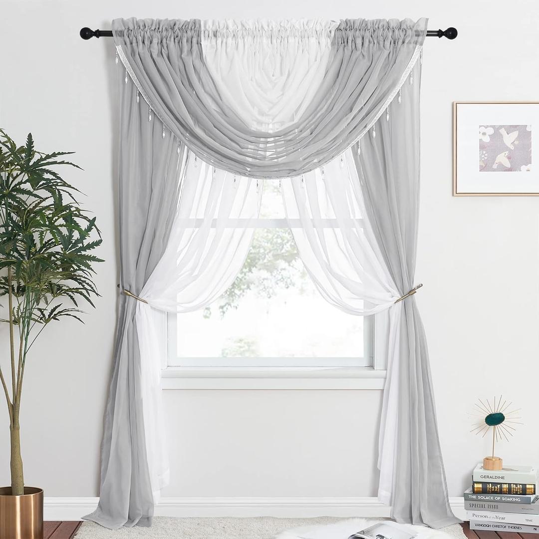 NICETOWN Sheer Curtain Elegant Voile Curtains for Living Room/Nursery, Victorian Drapes Rod Pocket, Light Grey & White (55"W x 84"L (Pack of 4))