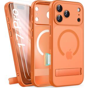 for iPhone 17 Pro Magnetic Case with Stand, 2 Glass Screen Protectors, Compatible with MagSafe, Camera Control, Military Grade, Lens Protection, Translucent Matte Case for iPhone 17 Pro, Orange