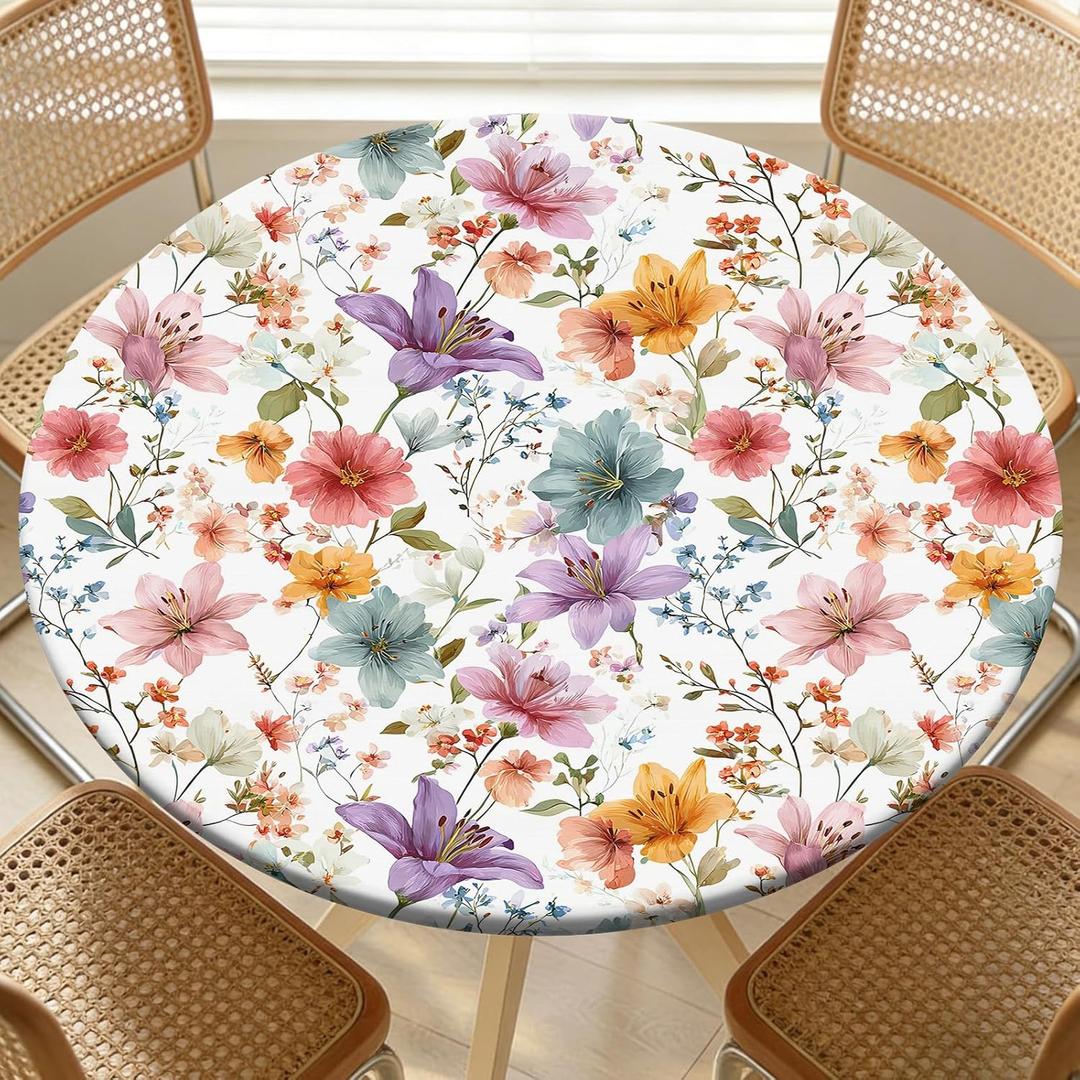 Round Fitted Table Cover with Elastic Fits 38"-42" Round Tables | Polyester Waterproof Stain-Resistant Wipeable Outdoor Tablecloth for Camping, Picnic, Dining, Indoor