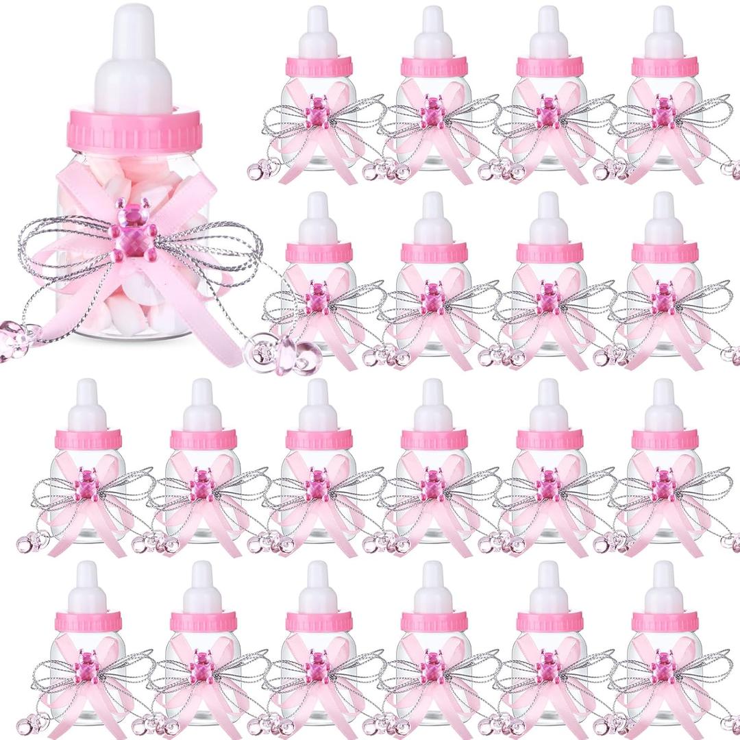 80 Pcs 3.5 Inch Baby Mini Milk Bottle Baby Shower Favor with Small Plastic Bear Candy Bottle with Ribbon for Boy Girl Newborn Baptism Party Decor (Pink)