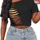 LovelyWholesale Womens Off The Shoulder Crop Tops Sexy Cut Out Ripped Short Sleeve T Shirts Black Small (Black, S)