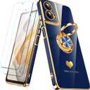 for Motorola Moto G 5G 2024 Case with 2 Pack Screen Protector, 360° Rotatable Ring Holder [Luxury Hearts Pattern] Plating Gold Edge Slim Soft Phone Cover for Moto G 5G 2024 - Blue