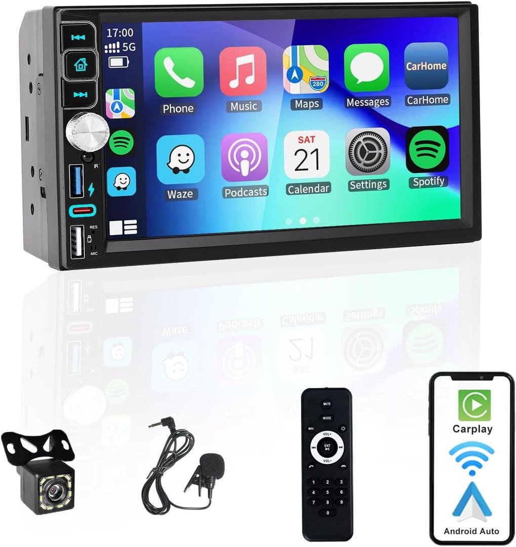Double Din Car Stereo Bluetooth Compatible with [Wireless] Apple CarPlay/Android Auto 7 Touchscreen AM/FM Radio Type-C USB (2.1A Fast Charge) Backup Camera