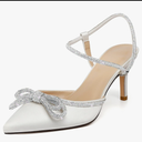 Aachcol Womens Close Toe Rhinestone Bow Kitten Heels Pointed Toe Low Heel Bow Pumps Adjustable Ankle Strap Bridal Prom Wedding Dress Shoes 42