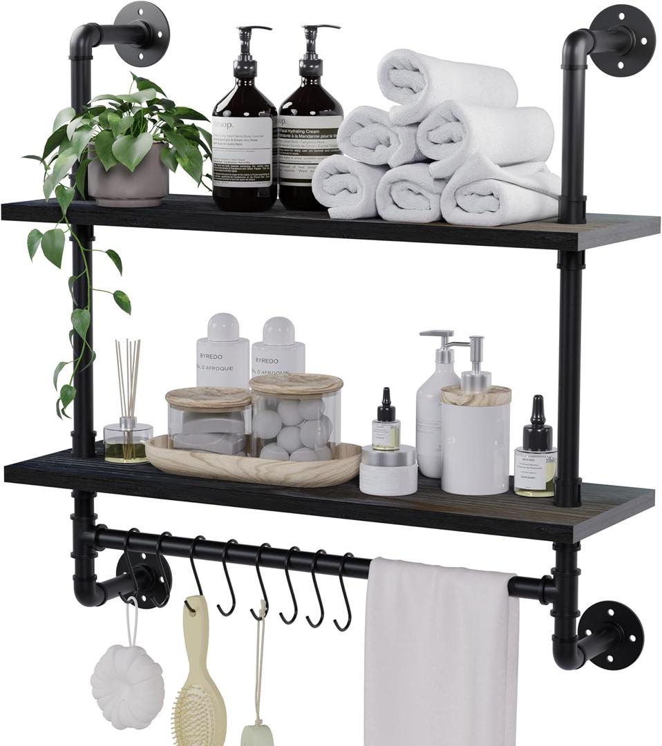 ROGMARS Industrial Pipe Bathroom Shelves Shelving,24" Black Floating Shelves for Bathroom with Towel Bar Hooks,Kitchen Wall Mounted Shelves Coffee Bar Shelf for Living Room Bedroom, 24 inch 2 tier