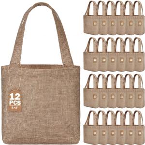 Aliceset 12 Pcs Mini Burlap Tote Bags with Handles Small Jute Gift Bags Bulk with Tags Reusable Wedding Bridesmaids Welcome Teachers Burlap Bag for DIY Party Favors (8 x 8 x 3.2 Inch,Earthy Brown)