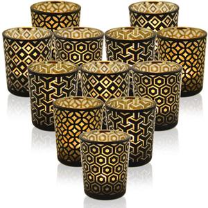 SHMILMH Black Gold Glass Votive Candle Holders Set of 12, Tealight Candle Holder with 4 Patterns for Ramadan Decorations, Eid Mubarak, Wedding Centerpiece, Modern Home Table Decor, Gift Set