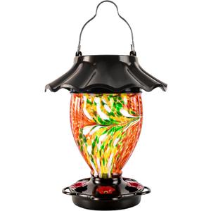 LUJII Solar Hummingbird Feeder for Outdoors Hanging with Color Changing, Hand Blown Glass Reservoir, 32 fl.oz, Never Leak, Lighted Lantern for Garden Decor, Unique Gift for Bird Lover (Red)