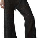 Saodimallsu Womens Crochet Swimsuit Coverup Pants High Waisted Drawstring Sexy Sheer Mesh Knit Wide Leg Beach Pants (Medium, Black)
