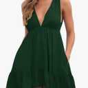 Febriajuce Womens Summer Mini Dress Loose Ruffle Deep V-Neck Backless Strap Solid Casual Short Dresses with Pockets M