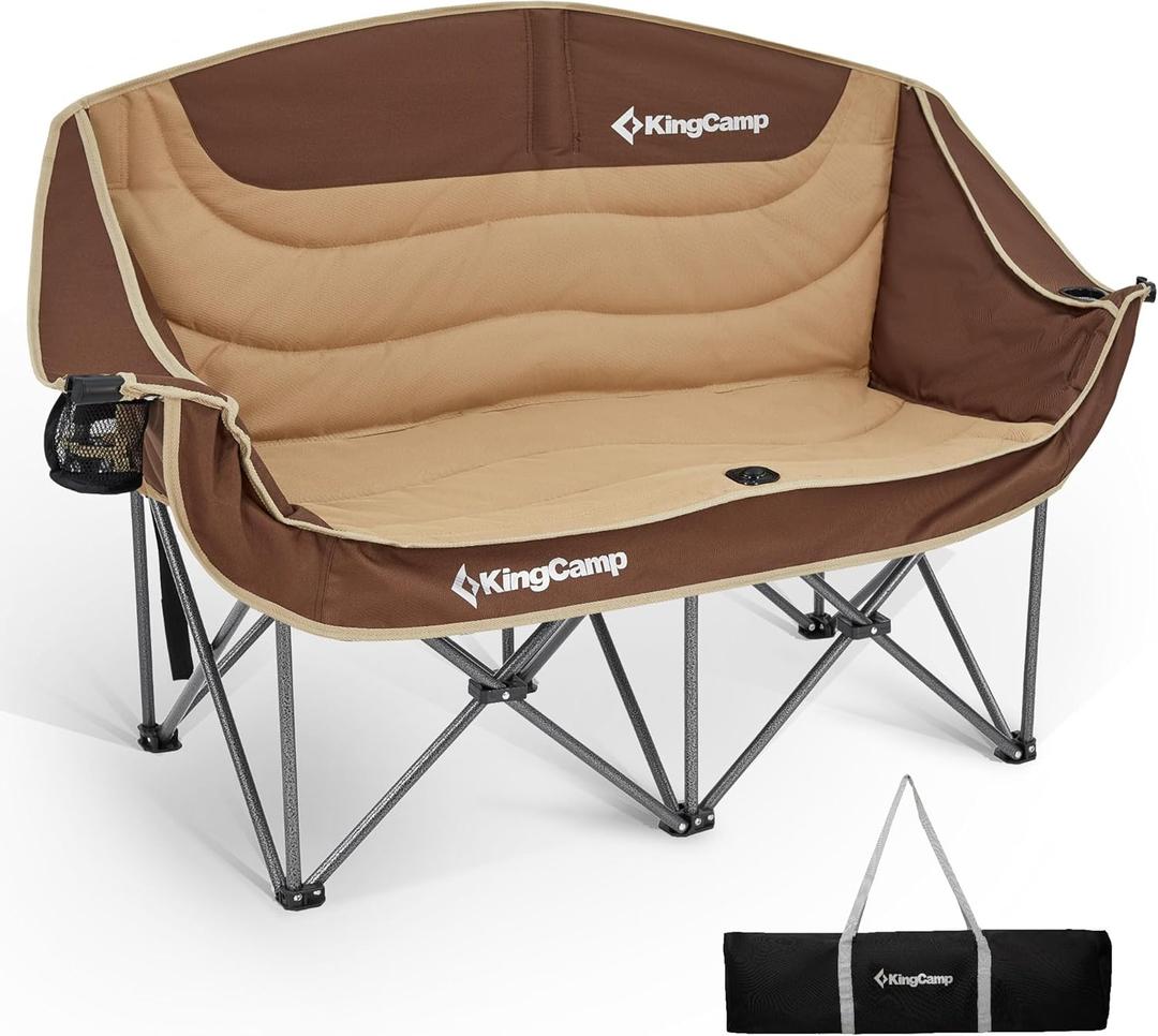 KingCamp Double Camping Chair, Oversized 660lbs Heavy Duty Loveseat for Adults Portable Folding XL 2 Person Couch Padded Comfortable Two Seat with Cup Holder for Outdoor Lawn Backyard, Khaki/Coffee