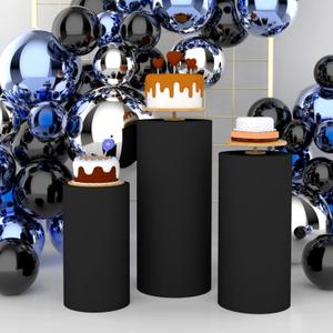 Babenest Black Cylinder Pedestal Stand Covers Set of 3, Spandex Vintage Fitted Round Pedestal Covers, Elastic Cloth Pillar Plinth Cover for Birthday Wedding Party Reception Decoration (Without Stands)