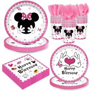 168pcs Pink Mouse Birthday Party Supplies Girls Cartoon Plates Napkins Disposable Paper Tableware Set for Girls 1st 2nd 3rd Birthday Party Decorations 24 Guests