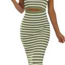 PRETTYGARDEN Womens Summer Beach Sundress Off Shoulder Cut Out Striped Bandeau Bodycon Midi Dress (Striped Army Green White,X-Large) (Green, XL)