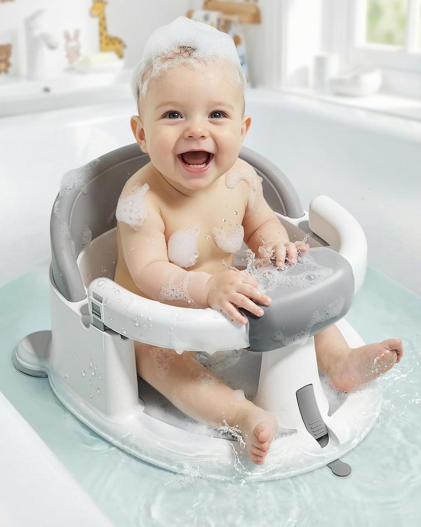 ONTHEWEI Baby Bath Seats for Babies Sitting Up, Non-Slip Baby Bathtub with 3 Suction Cups, Safe & Comfortable Toddler Bath Seat Ideal for Baby Bath/Shower Support, Stable Design, Grey (6-24 Months)