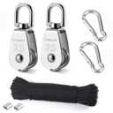 TooTaci 25MM Pulley System, 2 Pcs M25 304 Stainless Steel Pulleys Block with 66ft Nylon Rope & Spring Snap Hook, Single Pulley Wheel for Indoor Outdoor Lifting Project