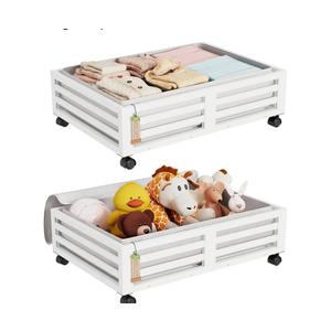 Wisuce Bamboo Under Bed Storage Containers- Underbed Organizer with Wheels with Large Dust Bag,Sturdy Wood Rolling Under the Bed Shoe Storage Organizer Drawer 2 Packs (White, Small)