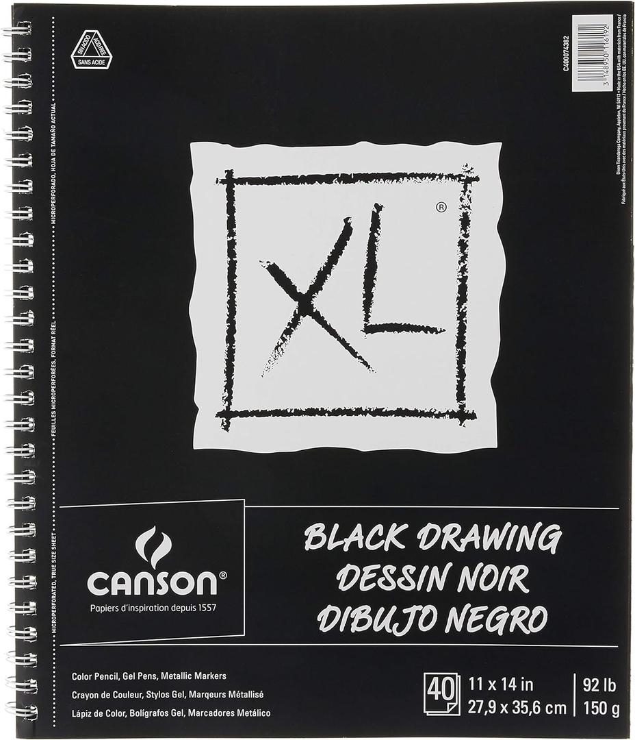 Canson XL Series Drawing Paper, Black, Wirebound Pad, 11x14 inches, 40 Sheets (92lb/150g) - Artist Paper for Adults and Students - Colored Pencil, Ink, Pastel, Marker