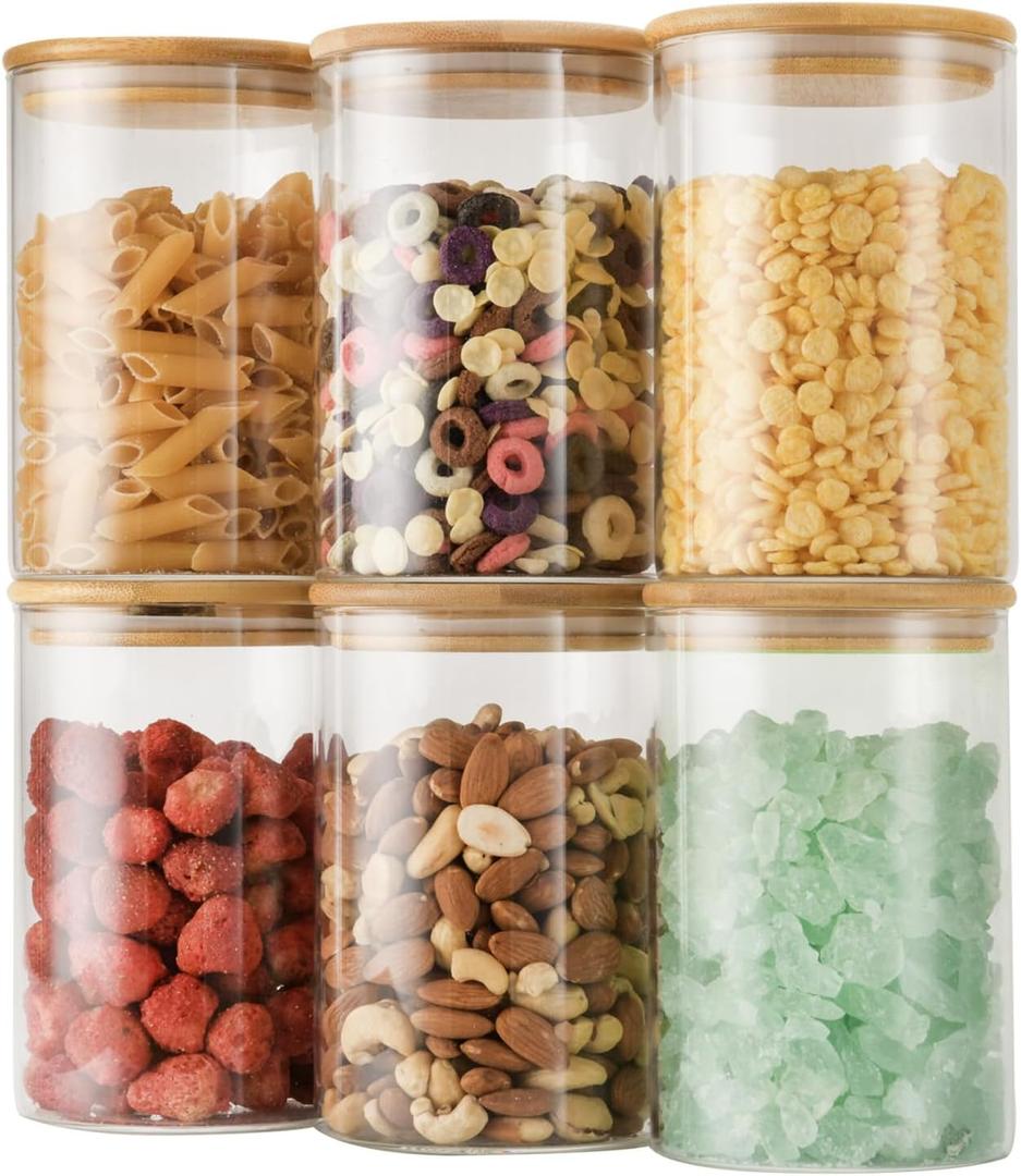 32oz Straight Cylindrical Airtight Storage Containers with Bamboo Lids Set of 6, Round Stackable Canisters, Food Jars, Pantry Organizers for Sugar, Cookies and Coffee beans (with Black Lable)