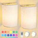 FINCMY Battery Operated Wall Sconces Set of Two, 18 RGB Colors Stick on Wall Lights with Remote, Changeable Dimmable Height Fabric Battery Powered Wall Lights for Bedroom Living Room Hallway (USB Charging)