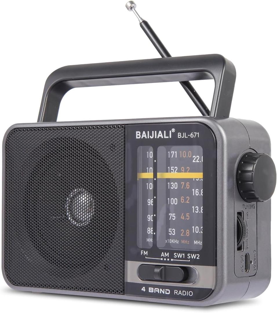 Portable AM/FM Transistor Radio with Loud Speaker, Battery or USB Powered - Compact Emergency Radio for Indoor, Outdoor, Travel & Storms (Model BJL-671) (Gray)
