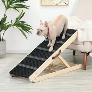 Wooden Adjustable Pet Ramp for All Dogs and Cats - Non Slip Carpet Surface and Foot Pads - 40" Long and Adjustable from 12 to 24 - Up to 200LBS - Folding Dog Car Ramps for SUV, Bed, Couch (Burlywood(black))