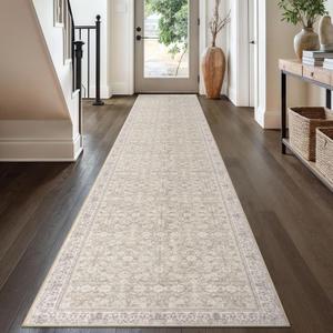 2.6x16 Washable Runner Rug for Kitchen, Cream Beige Yellow White Grey Soft Classic Runner with Non-Slip, Non-Shedding Distressed Floral Rug for Hallways Entryway Bedroom Laundry Indoor
