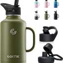 COKTIK 64 oz/Half Gallon Insulated Water Bottle Jug with Straw and Handle, Double Walled Stainless Steel Metal Sports Metal Water Flask with Reusable 3 Lids Camping, Fitness or Office(Army Green) (64 Ounces)